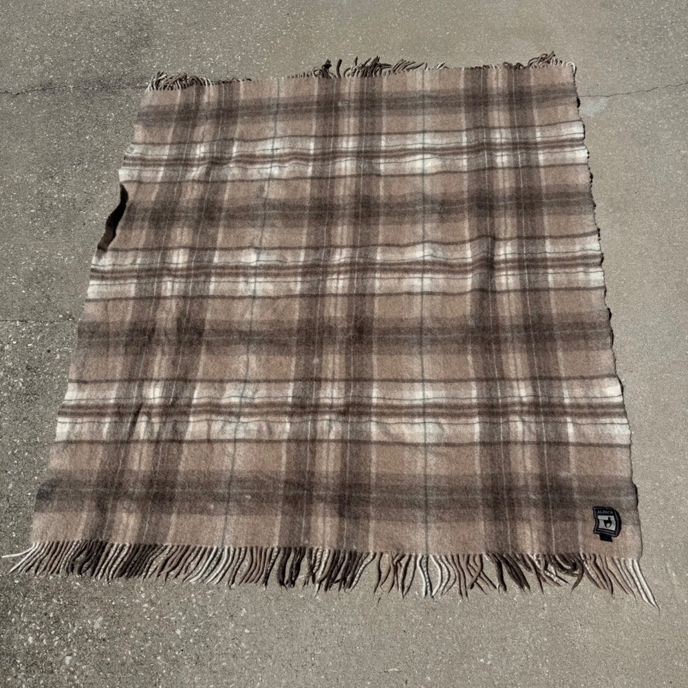 Incalpaca TPX Peru Alpaca Wool Plaid Fringed Throw Blanket Brown Tan 52X49
